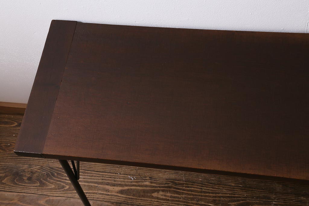 アンティーク家具　古材一枚板リメイク　朴の木を活かしたシンプルな鉄脚テーブル(コンソールテーブル、作業台)(R-039976)