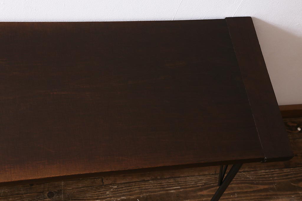 アンティーク家具　古材一枚板リメイク　朴の木を活かしたシンプルな鉄脚テーブル(コンソールテーブル、作業台)(R-039976)