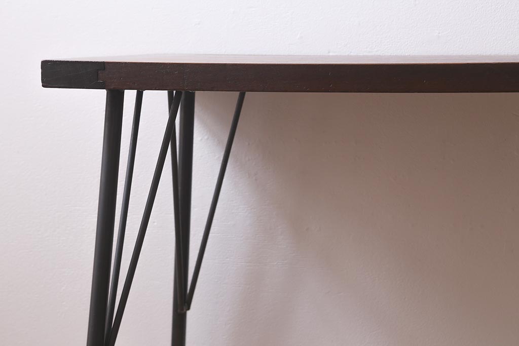 アンティーク家具　古材一枚板リメイク　朴の木を活かしたシンプルな鉄脚テーブル(コンソールテーブル、作業台)(R-039976)