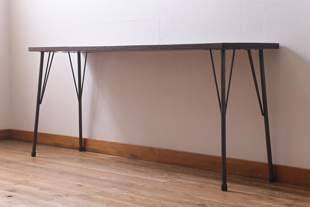 アンティーク家具　古材一枚板リメイク　ラワン材を活かしたシンプルな鉄脚テーブル(コンソールテーブル、作業台)(R-039977)