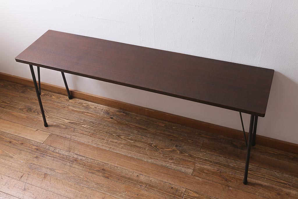 アンティーク家具　古材一枚板リメイク　ラワン材を活かしたシンプルな鉄脚テーブル(コンソールテーブル、作業台)(R-039977)