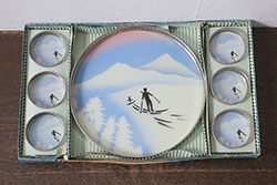 昭和レトロ　箱付き　スキー　ガラストレー1枚・ガラスコースター6枚セット(コップ敷き)(R-039986)