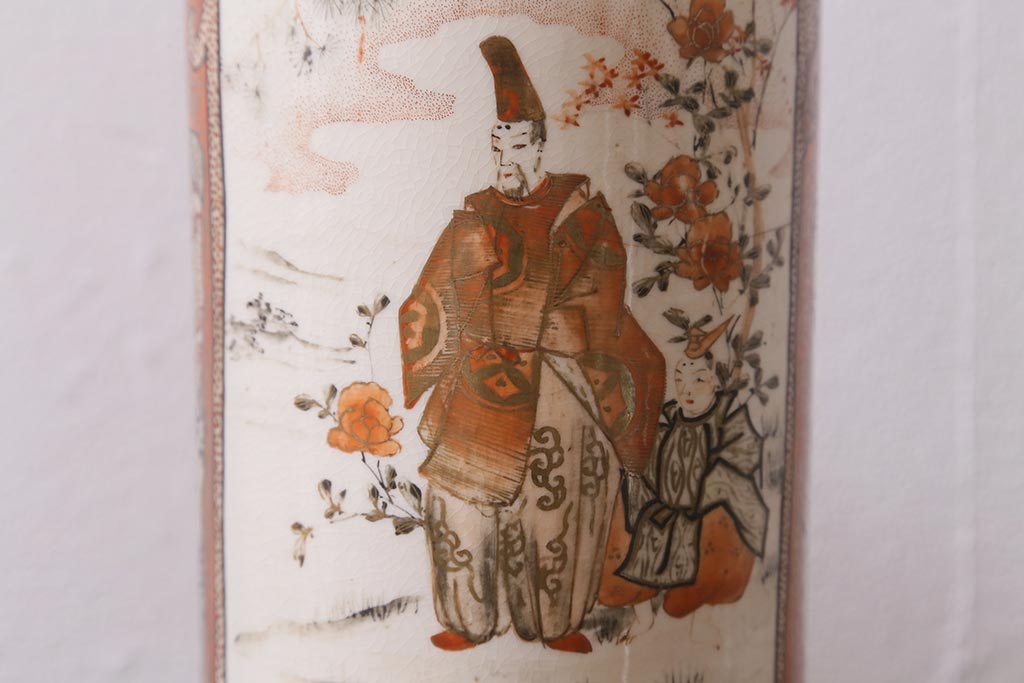 古民具・骨董　明治期　九谷焼　赤絵花瓶一対(花器)(R-039991)