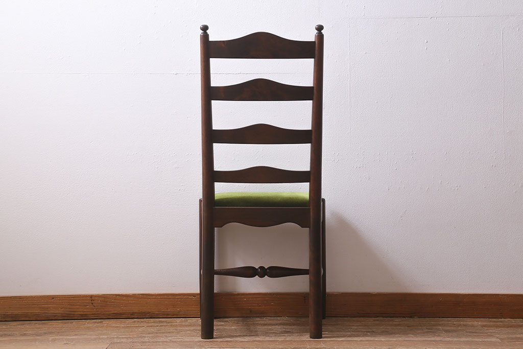 中古　松本民芸家具　グリーンのファブリックが上品な印象のA型布張ラダーバックチェア(ダイニングチェア、椅子)(R-040002)