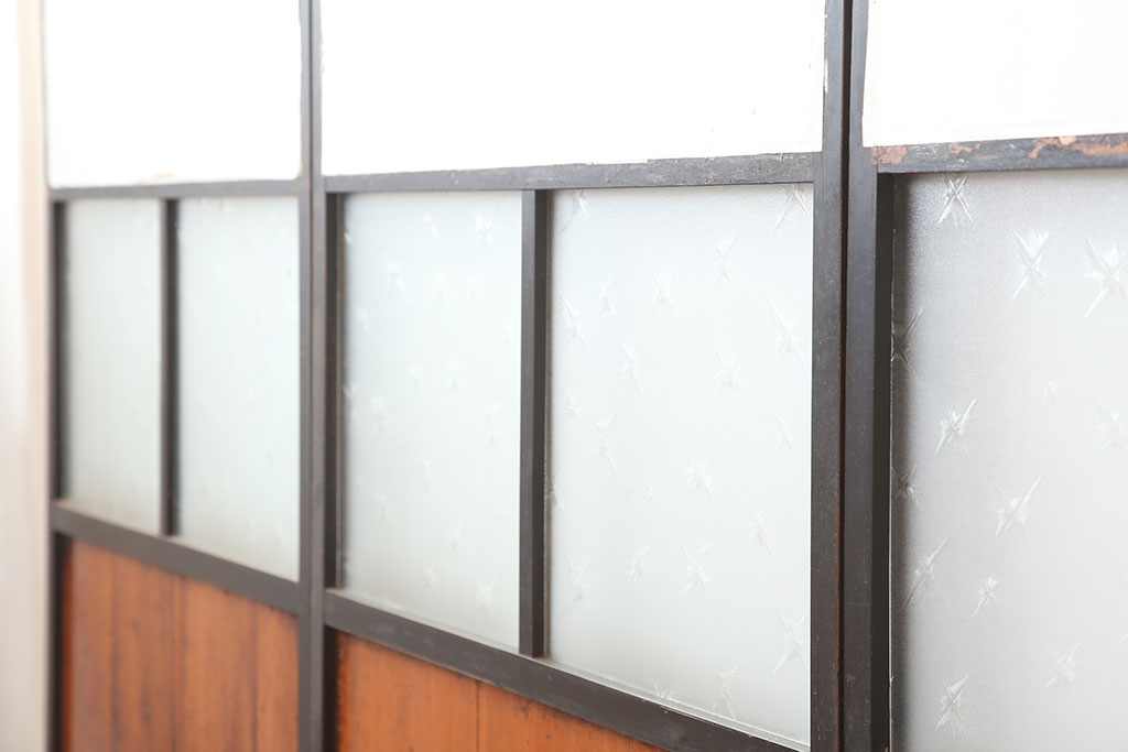 アンティーク建具　大正昭和初期　大きな帯ガラスが目を引く障子戸4枚セット(引き戸)(R-040012)