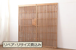 アンティーク建具　戸車付き　木のぬくもりあふれる素通しの縦桟引き戸2枚セット(格子戸、建具)(R-040023)