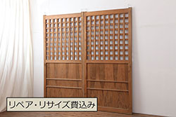 アンティーク建具　戸車付き　ヒノキ材　木のぬくもりあふれる素通しの格子戸2枚セット(蔵戸、引き戸、建具、玄関戸)(R-040024)