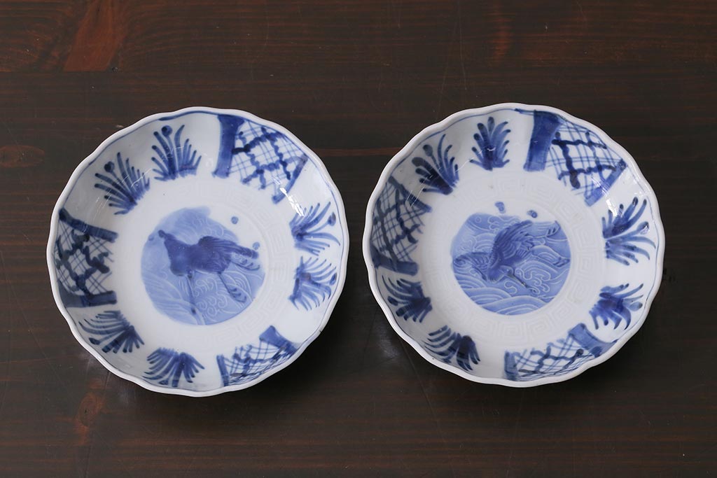 アンティーク雑貨　古民具・骨董　江戸後期　染付　なます皿2枚セット(和食器、小皿)(R-040028)