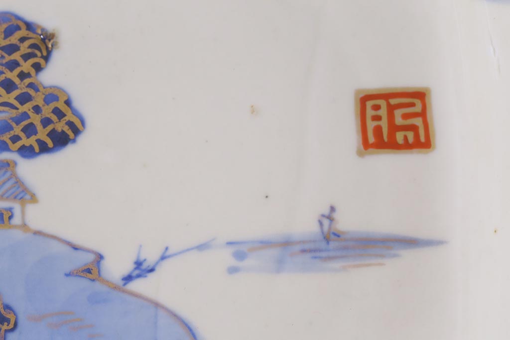 アンティーク雑貨　古民具・骨董　明治大正期　金彩染付変形皿3枚セット(和食器、角皿)(R-040029)