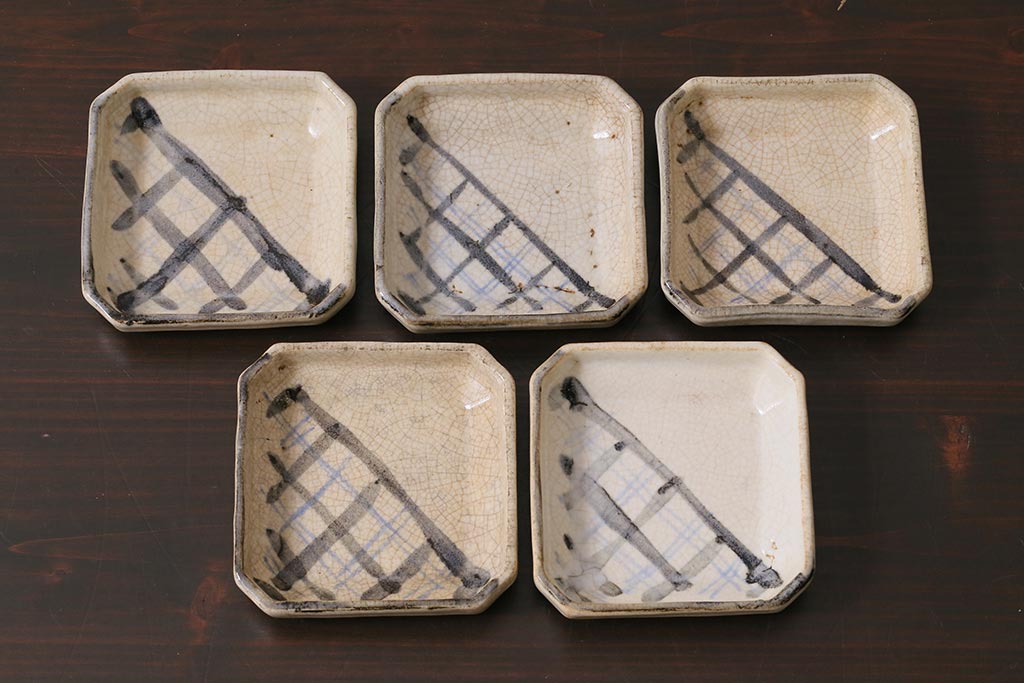 アンティーク雑貨　江戸明治期　時代物　古い志野焼　在銘　角皿5枚セット(和食器)(R-040030)