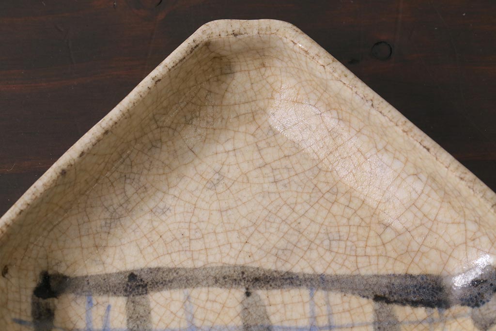 アンティーク雑貨　江戸明治期　時代物　古い志野焼　在銘　角皿5枚セット(和食器)(R-040030)