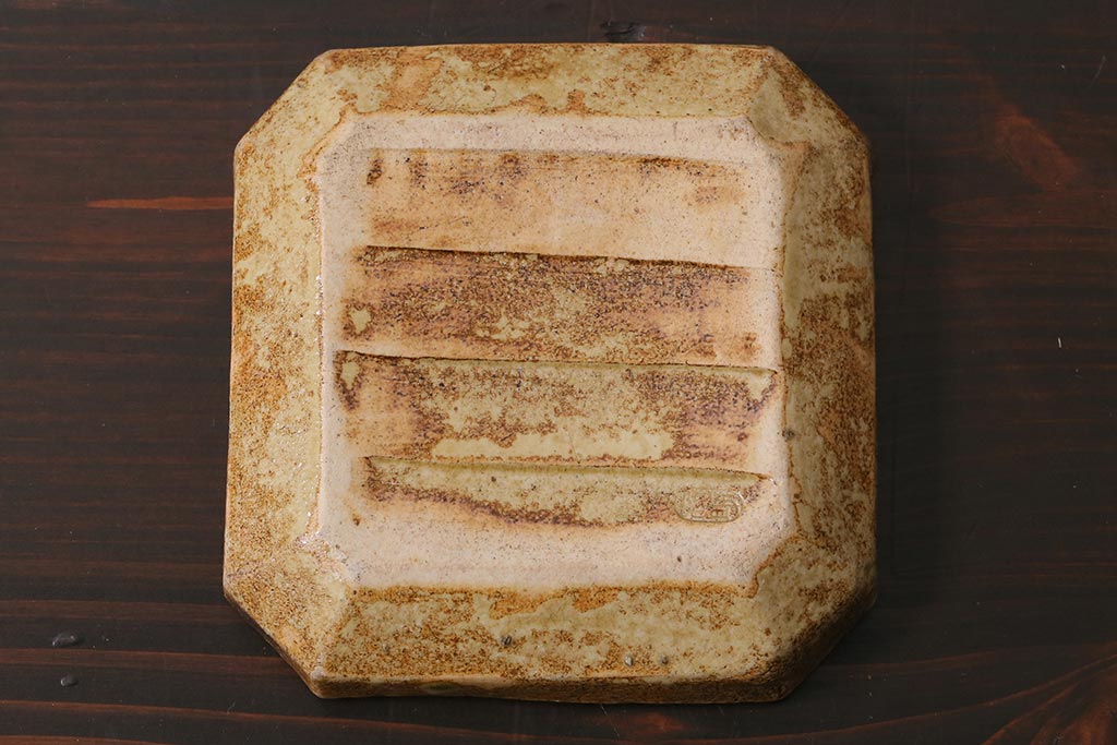アンティーク雑貨　江戸明治期　時代物　古い織部焼　在銘　角皿3枚セット(和食器)(R-040032)
