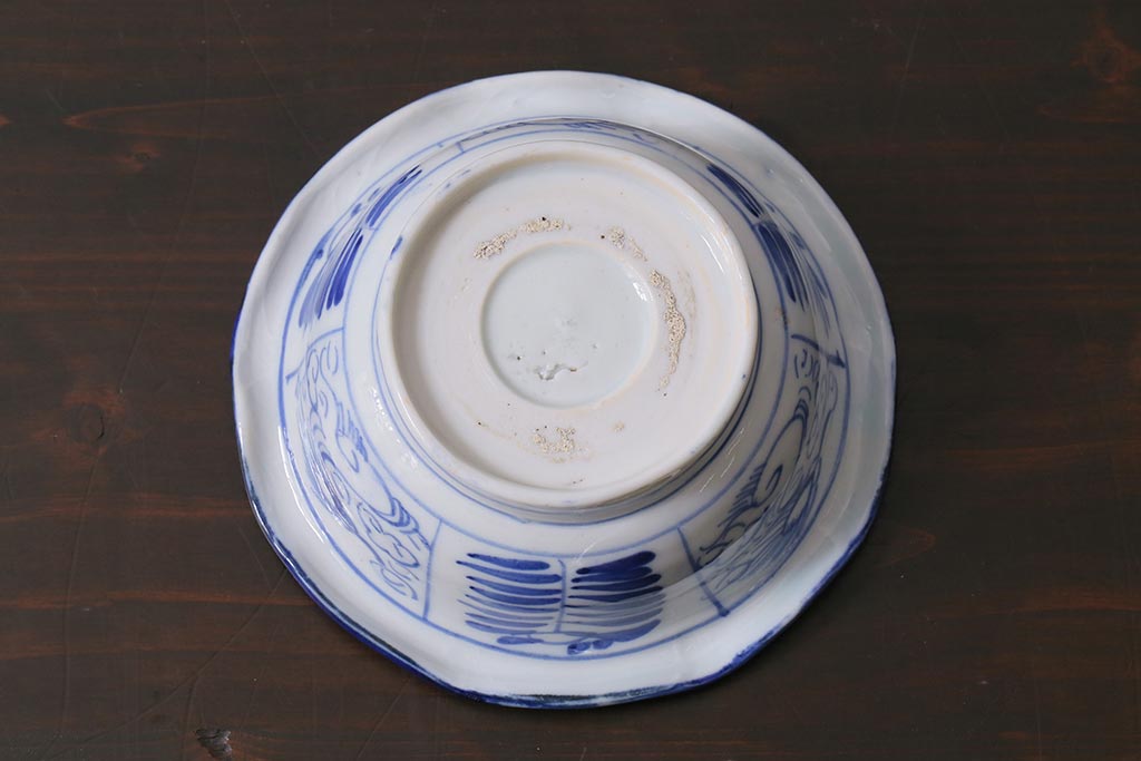 アンティーク雑貨　明治期　ねじり文　染付深鉢(深皿、和食器)(R-040036)