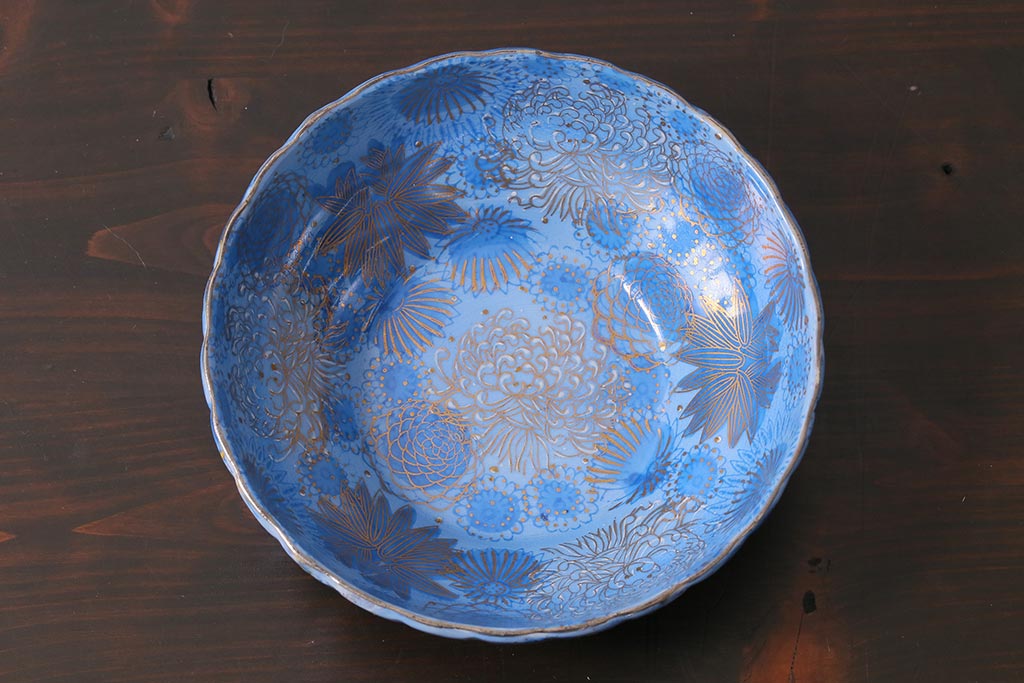 未使用品　輸出用　昭和期　九谷焼　菊図金彩深皿2枚セット(鉢、和食器)(R-040040)