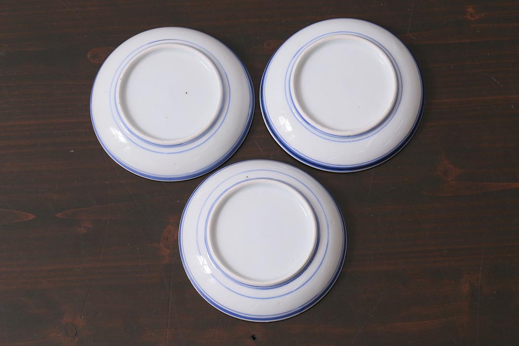 アンティーク雑貨　明治　伊万里　花蝶図　染付3.6寸小皿3枚セット(和食器)(R-040041)