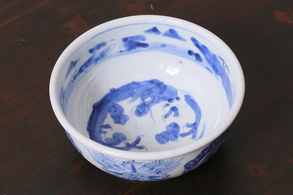 アンティーク雑貨　江戸期　古伊万里　染付　雲龍文　5寸深鉢(深皿)(R-040045)
