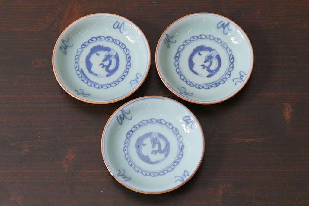 アンティーク雑貨　江戸期　萬歴年製　染付　4寸小皿3枚(和食器)(R-040062)