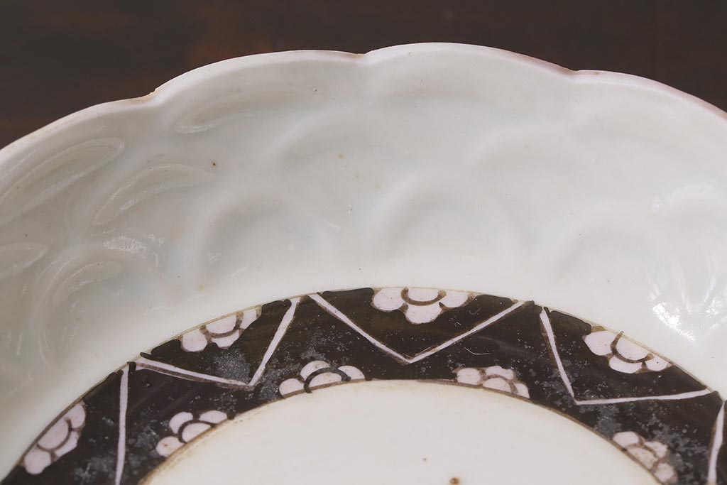 アンティーク雑貨　江戸明治期　白磁陽刻なます皿2枚セット(中皿、和食器)(R-040067)