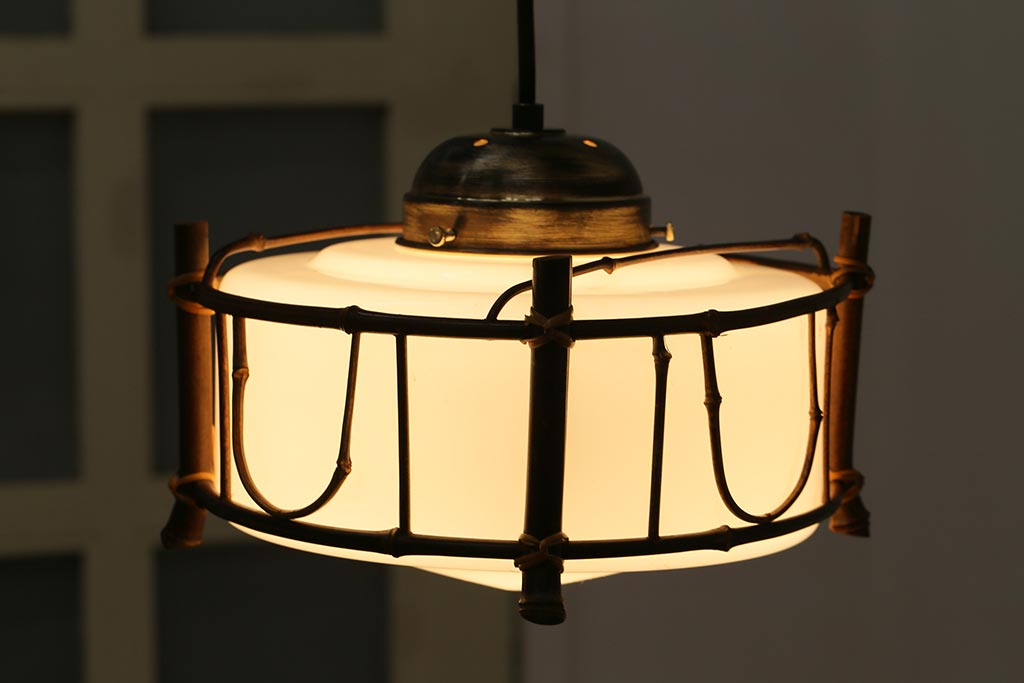 アンティーク照明　大正昭和初期　竹細工が印象的な吊り下げ照明(天井照明、ペンダントライト)(R-040078)