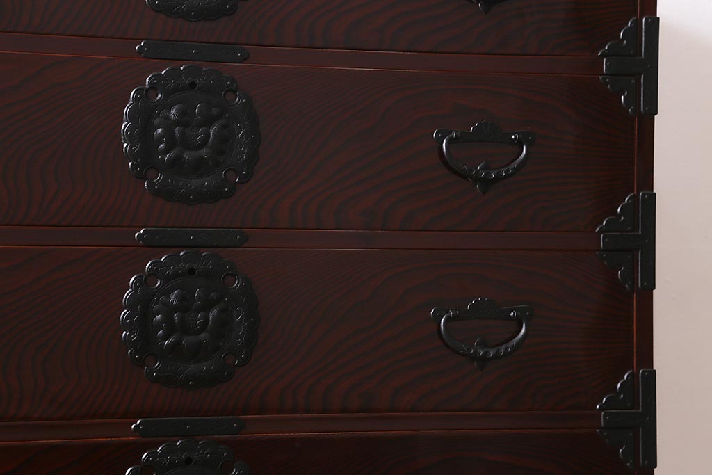 中古　民芸家具　和製アンティーク　ケヤキ材　美しい杢目が目を引く衣装箪笥(整理箪笥、引き出し、チェスト)(R-040096)
