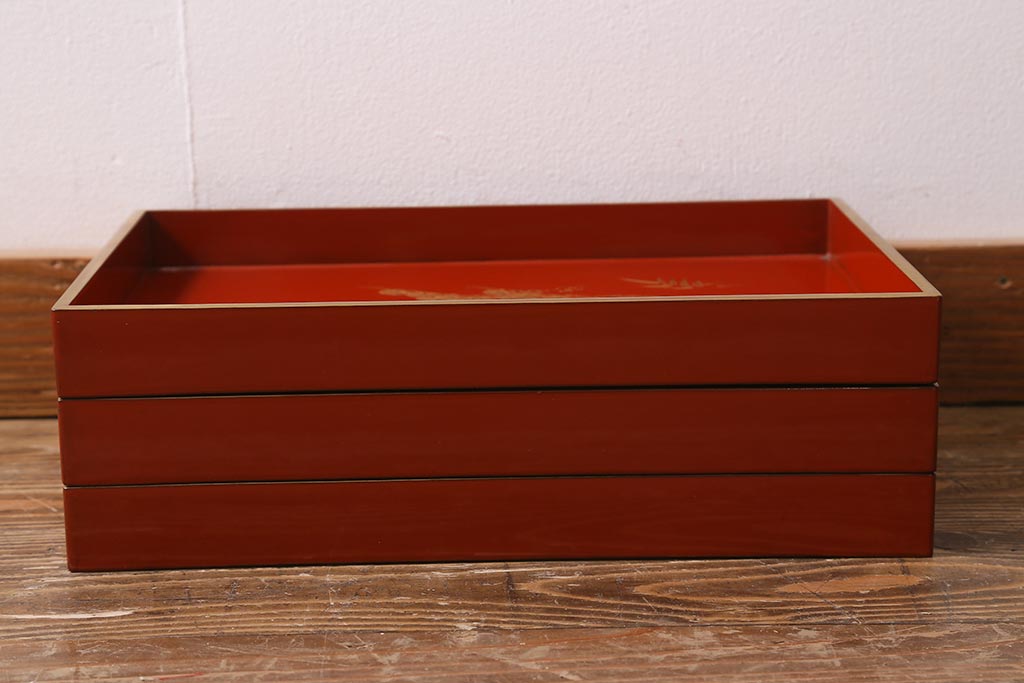 アンティーク雑貨　輪島塗　松竹梅の沈金蒔絵盆3枚セット(木製漆器)(R-040115)