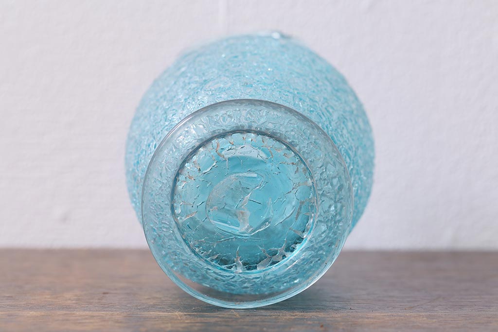 アンティーク雑貨　和製アンティーク　大正期　青ガラス氷裂文花瓶(和ガラス)(R-040120)