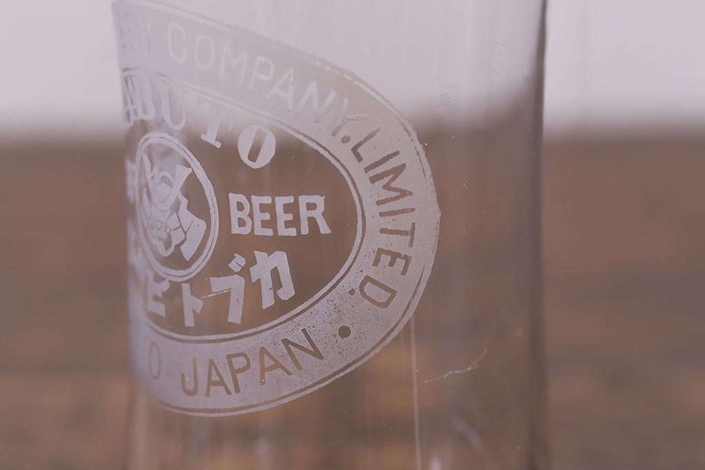 アンティーク雑貨　戦前　カブトビール　鼓型グラス(和ガラス、コップ)(R-040125)
