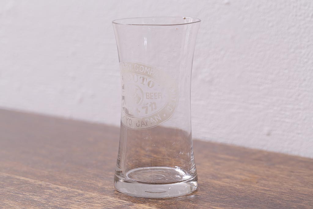 アンティーク雑貨　戦前　カブトビール　鼓型グラス(和ガラス、コップ)(R-040126)
