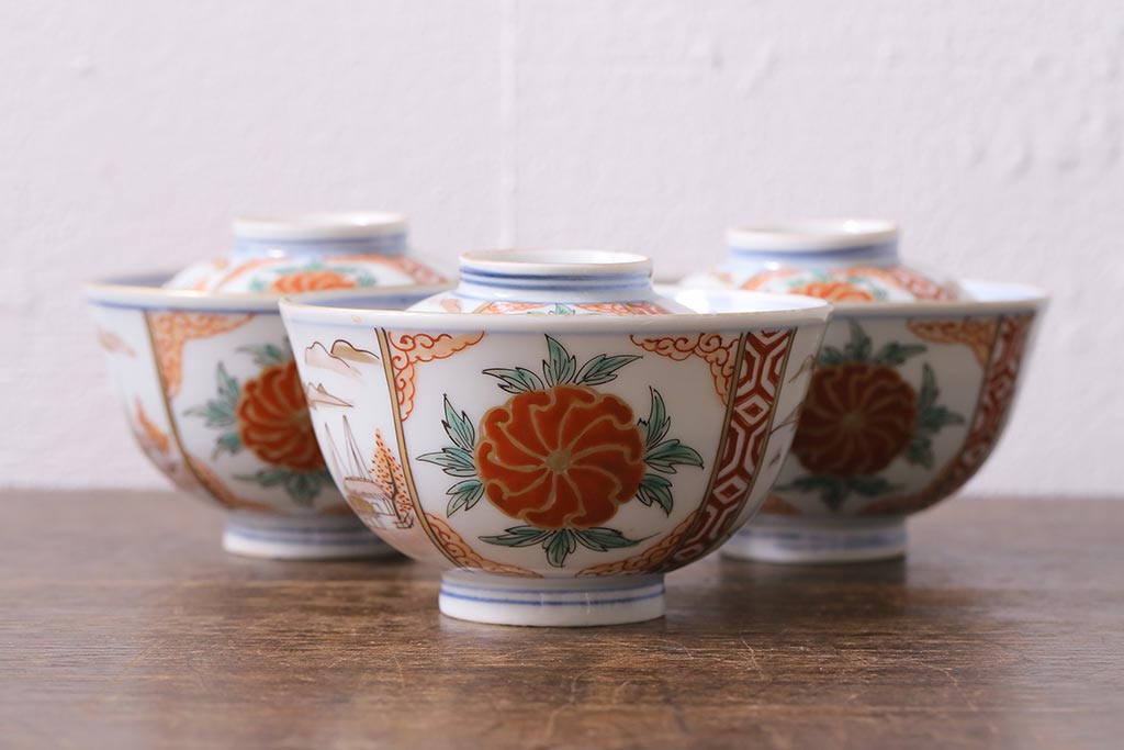 和製アンティーク　古伊万里　江戸期　華やかな色絵染付の蓋つき茶碗2客セット(和食器)(R-040138)
