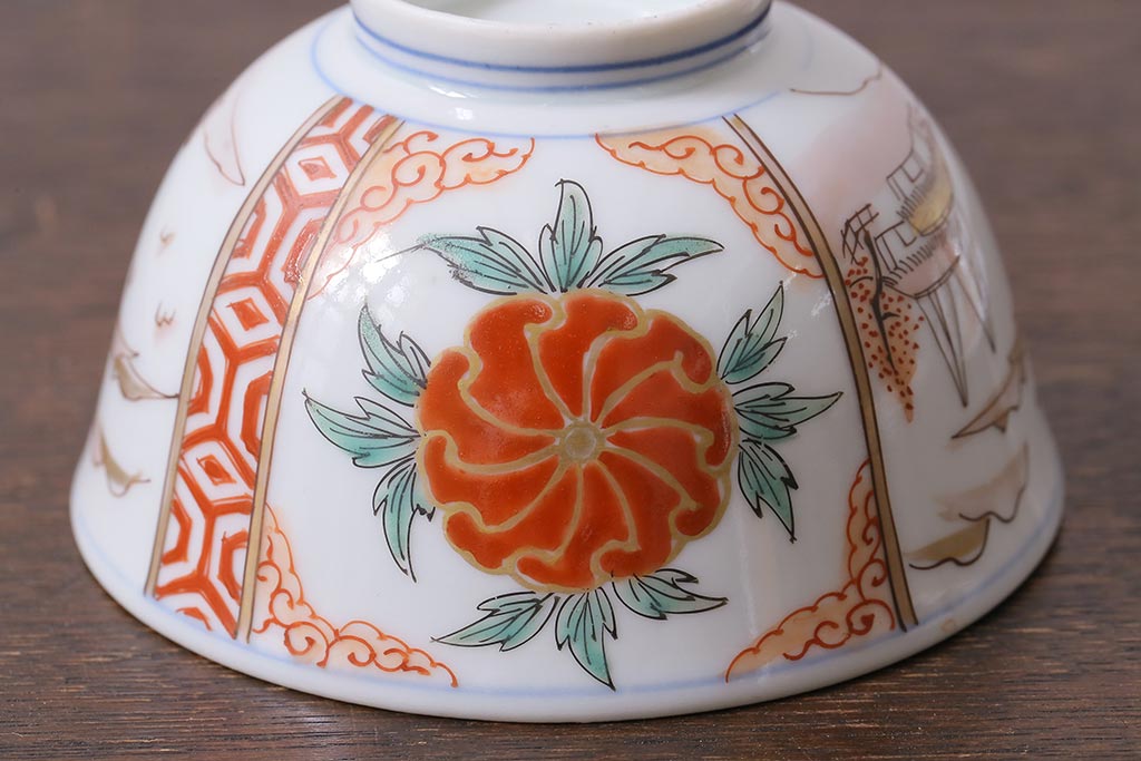和製アンティーク　古伊万里　江戸期　華やかな色絵染付の蓋つき茶碗2客セット(和食器)(R-040138)