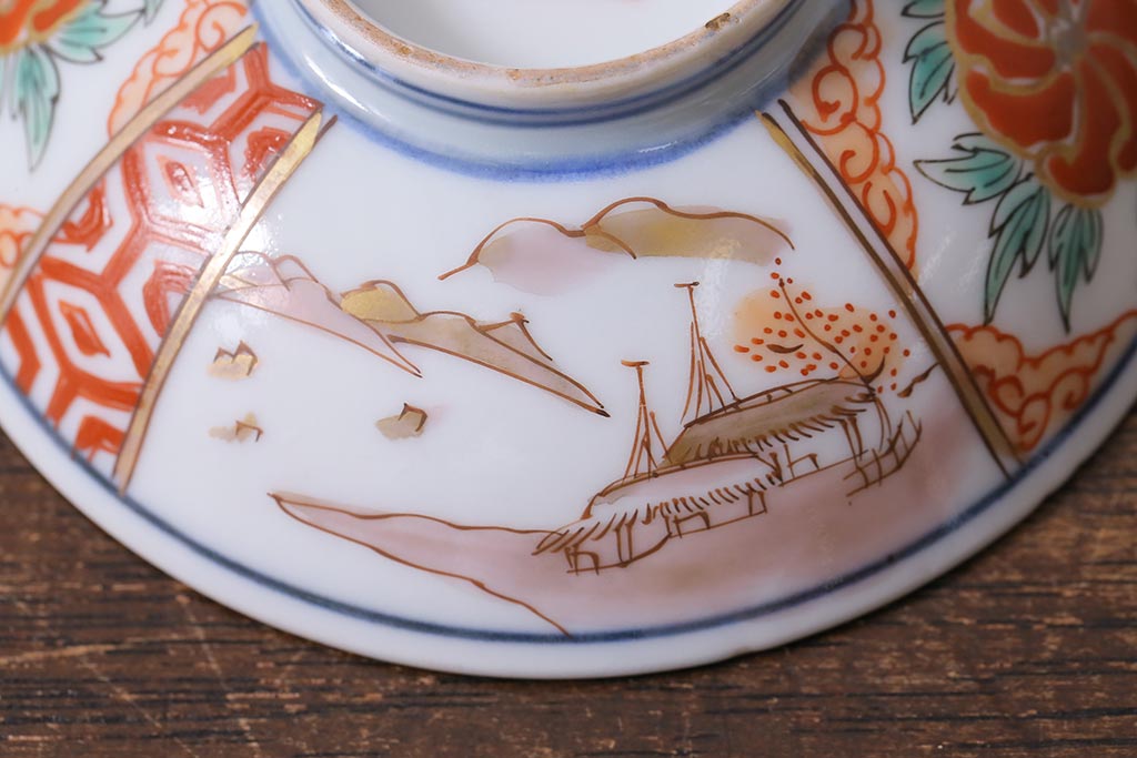和製アンティーク　古伊万里　江戸期　華やかな色絵染付の蓋つき茶碗2客セット(和食器)(R-040138)
