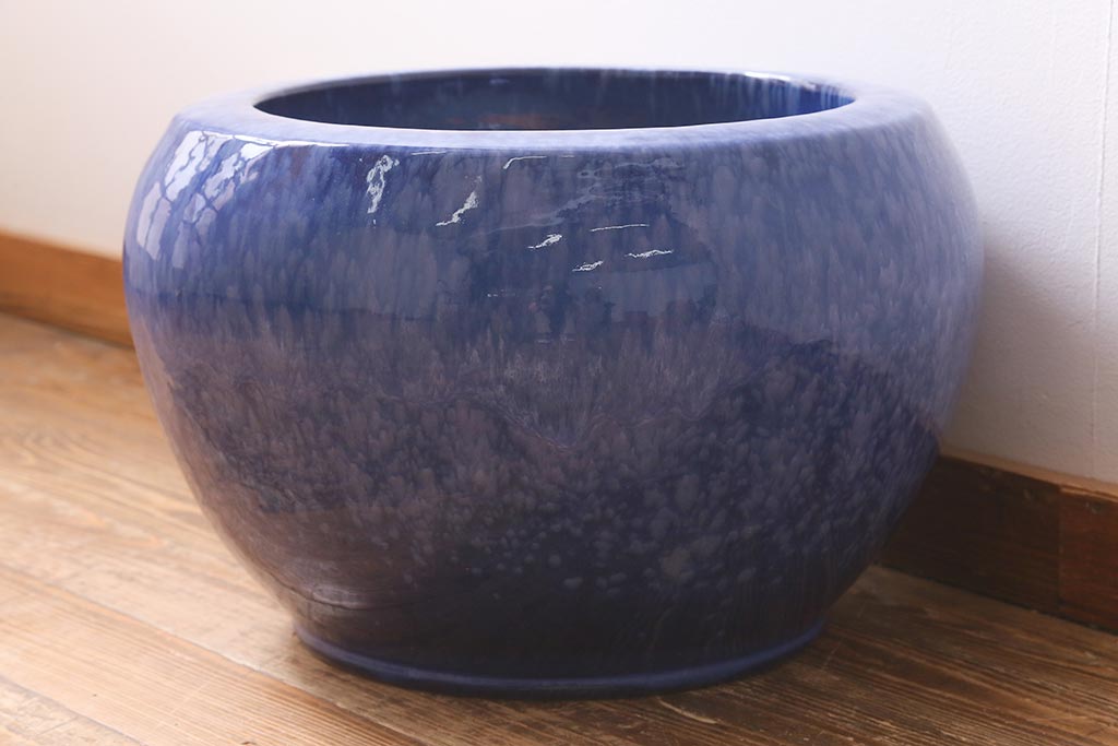 アンティーク雑貨　昭和中期　濃淡のある青色が美しいなまこ釉の火鉢(鉢カバー)(R-040172)