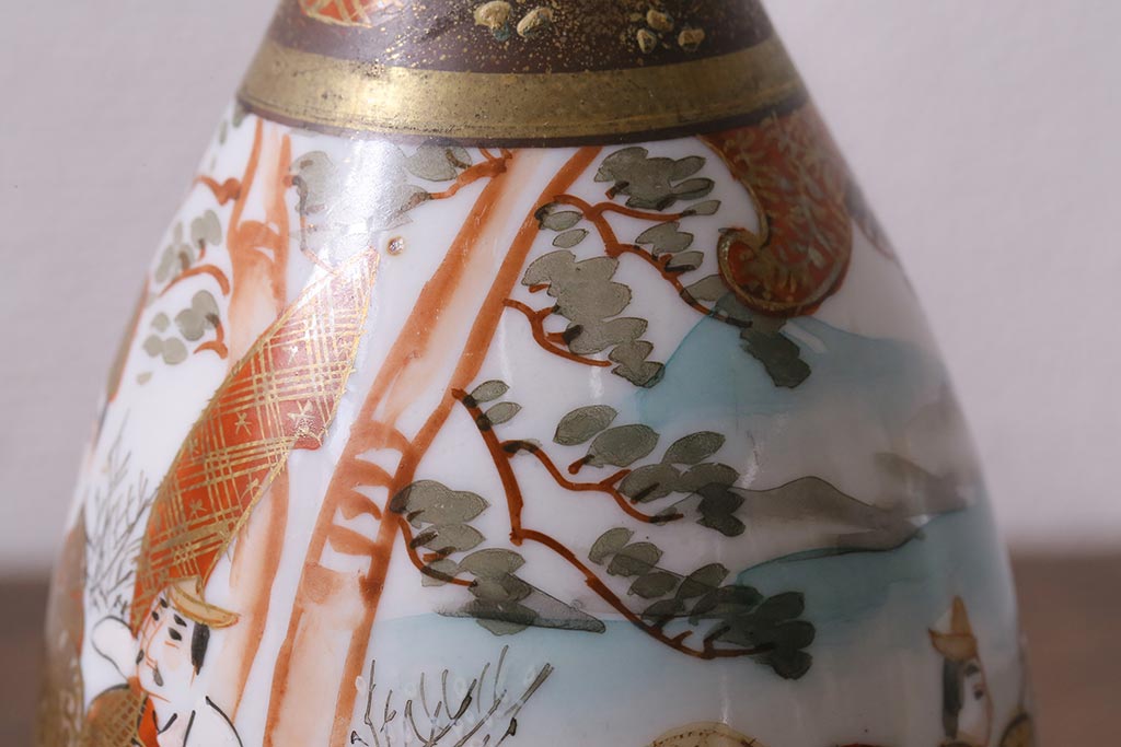 アンティーク雑貨 明治期 鶴の図 波千鳥 九谷焼色絵徳利 袴付2点