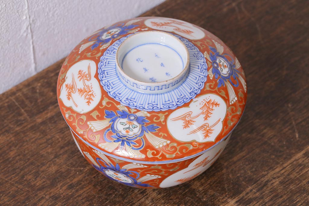 アンティーク雑貨　江戸期　大明成化年製　古伊万里　赤絵南蛮図染付　蓋茶碗(和食器)(R-040203)