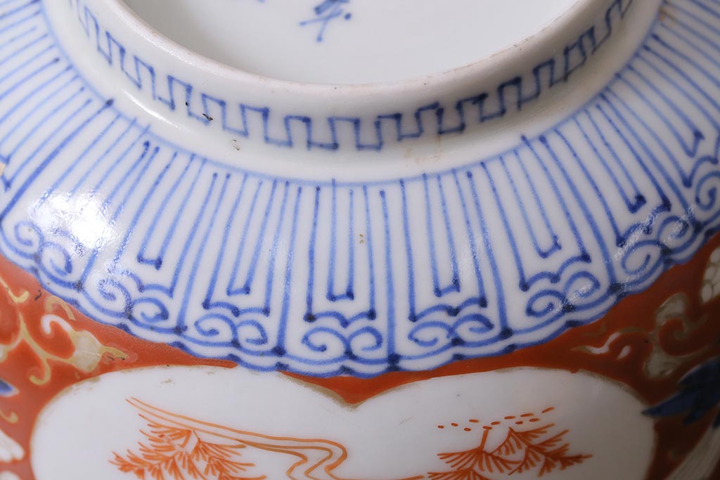 アンティーク雑貨　江戸期　大明成化年製　古伊万里　赤絵南蛮図染付　蓋茶碗(和食器)(R-040204)
