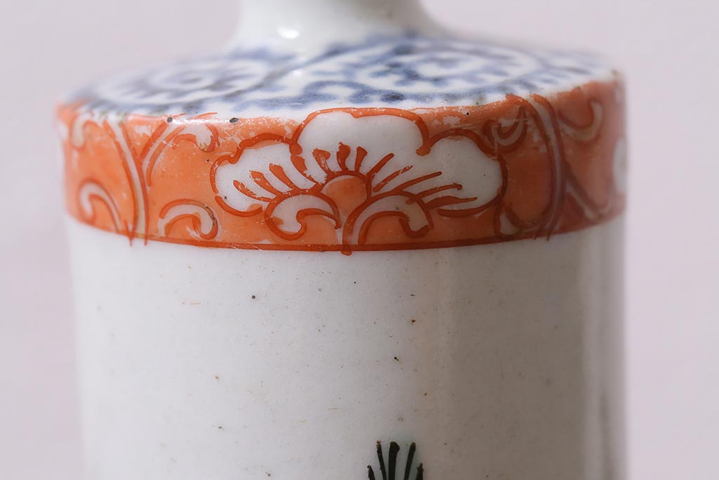アンティーク雑貨　江戸期　蛸唐草　色絵　一対　お神酒徳利(和食器、骨董)(R-040217)