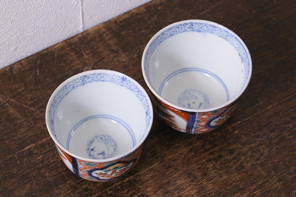 アンティーク雑貨　幕末〜明治　伊万里　色絵　蕎麦猪口2客セット(湯呑、向付、和食器)(R-040218)