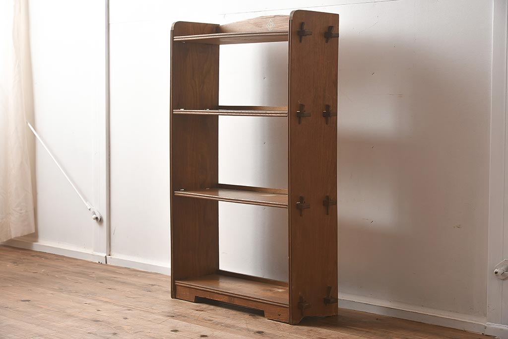 アンティーク家具　昭和レトロ　味わい深い木肌が魅力の楔(くさび)式本棚(オープンラック、収納棚、飾り棚)(R-040245)