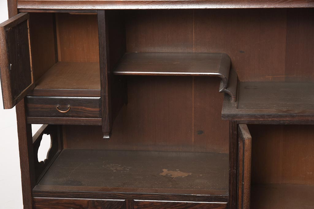 アンティーク家具　工芸家具　京都産　桑材・黒檀材　網代編み戸　上品な造りの茶棚(茶箪笥、収納棚)(R-040282)