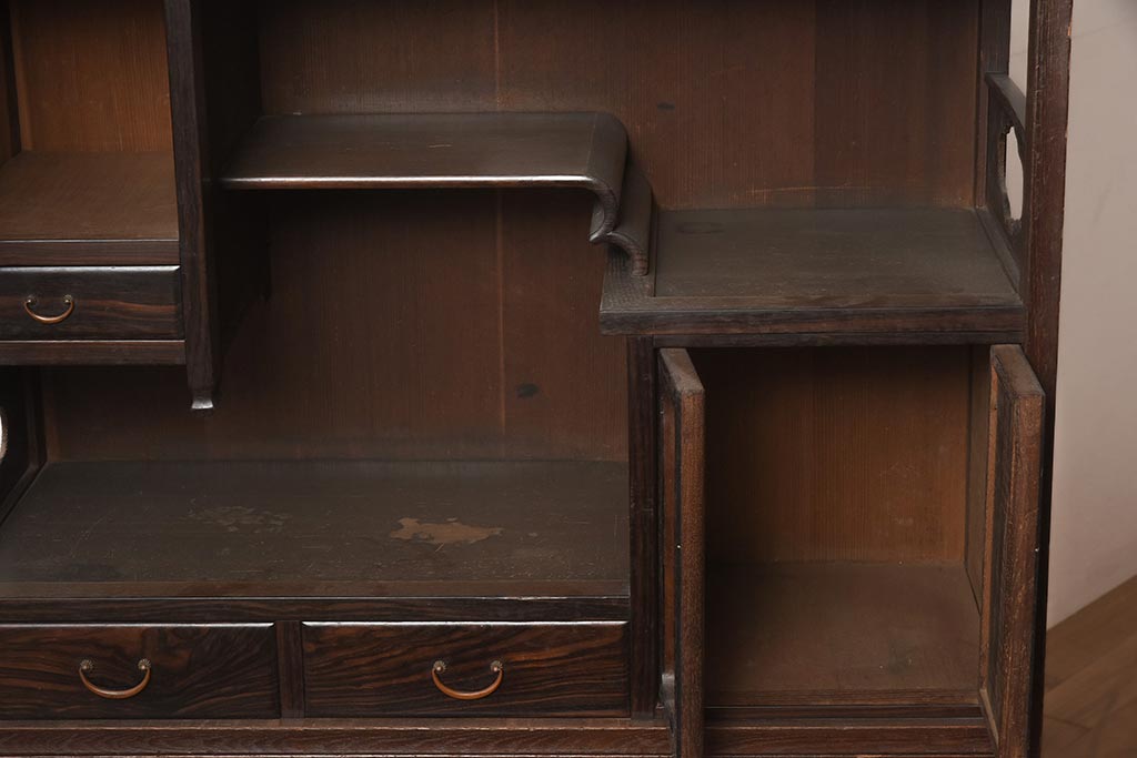 アンティーク家具　工芸家具　京都産　桑材・黒檀材　網代編み戸　上品な造りの茶棚(茶箪笥、収納棚)(R-040282)