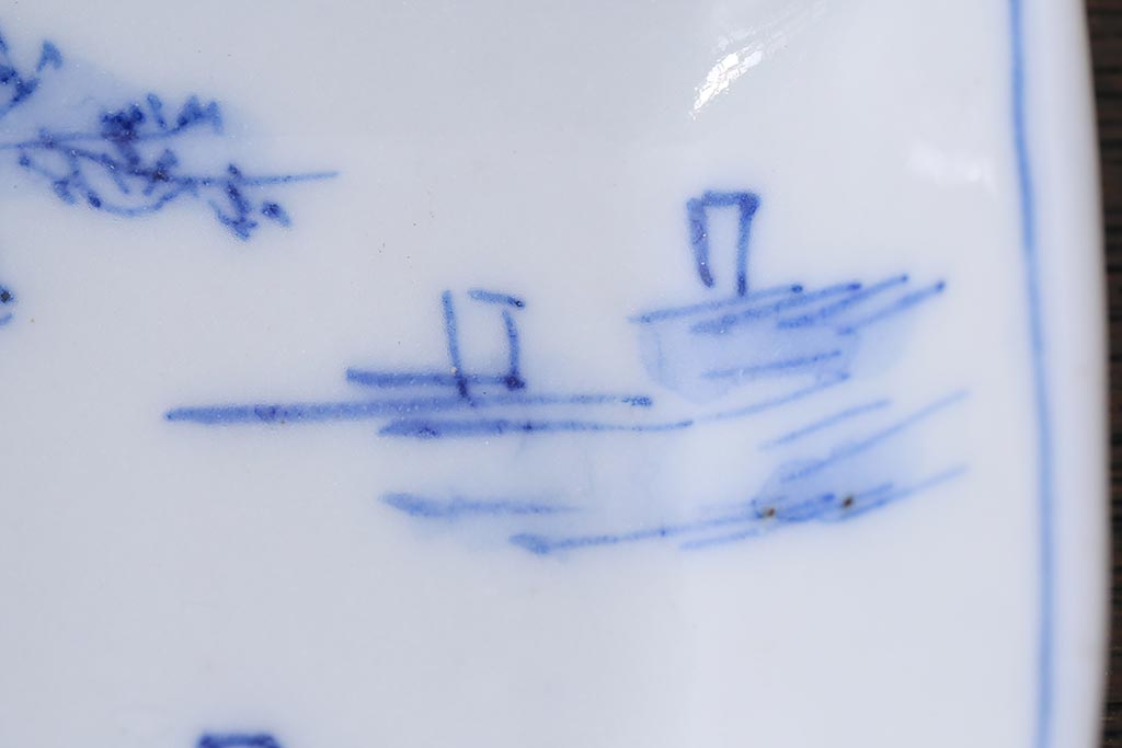 アンティーク雑貨　大正昭和初期　山水図　染付小皿5枚セット(豆皿、醤油皿、和食器)(R-040494)