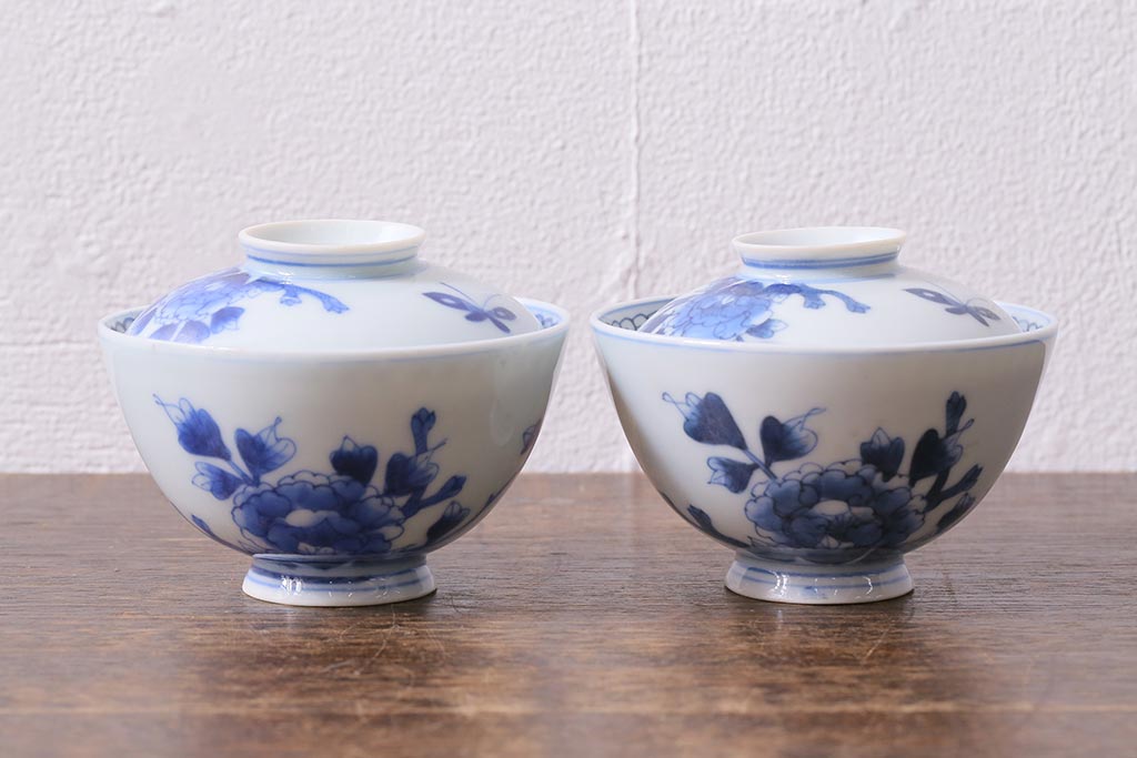 アンティーク雑貨　明治期　花蝶文染付蓋茶碗2客セット(蓋付茶碗、和食器)(R-040499)