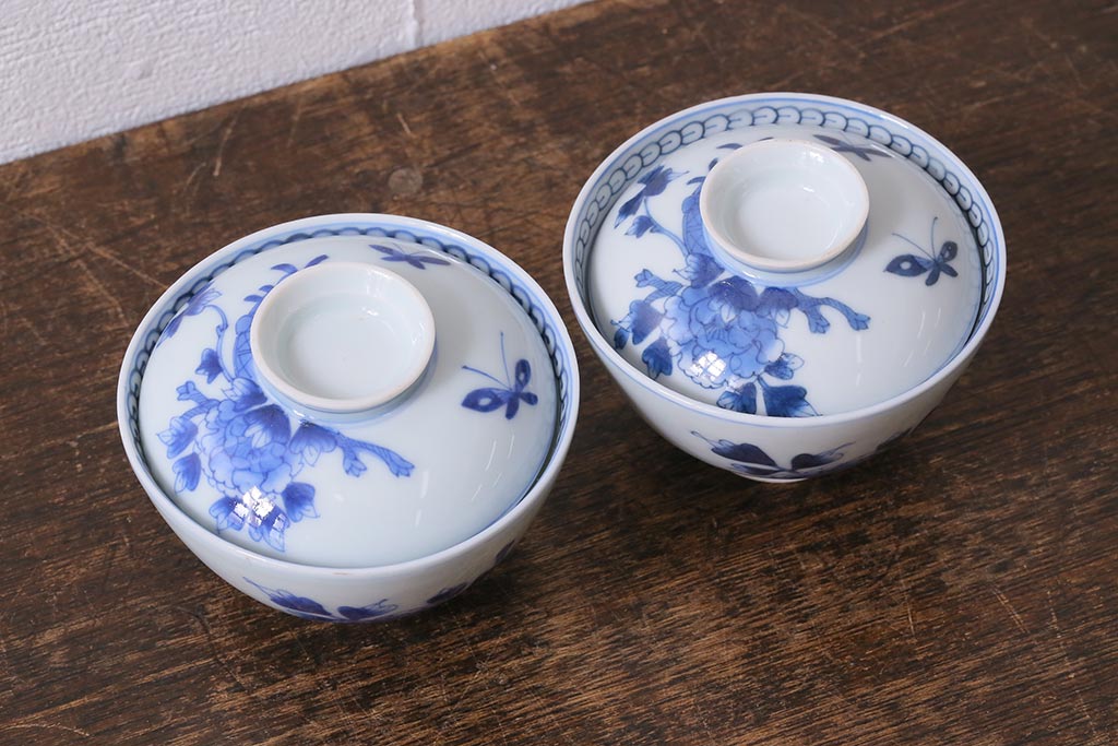 アンティーク雑貨　明治期　花蝶文染付蓋茶碗2客セット(蓋付茶碗、和食器)(R-040499)