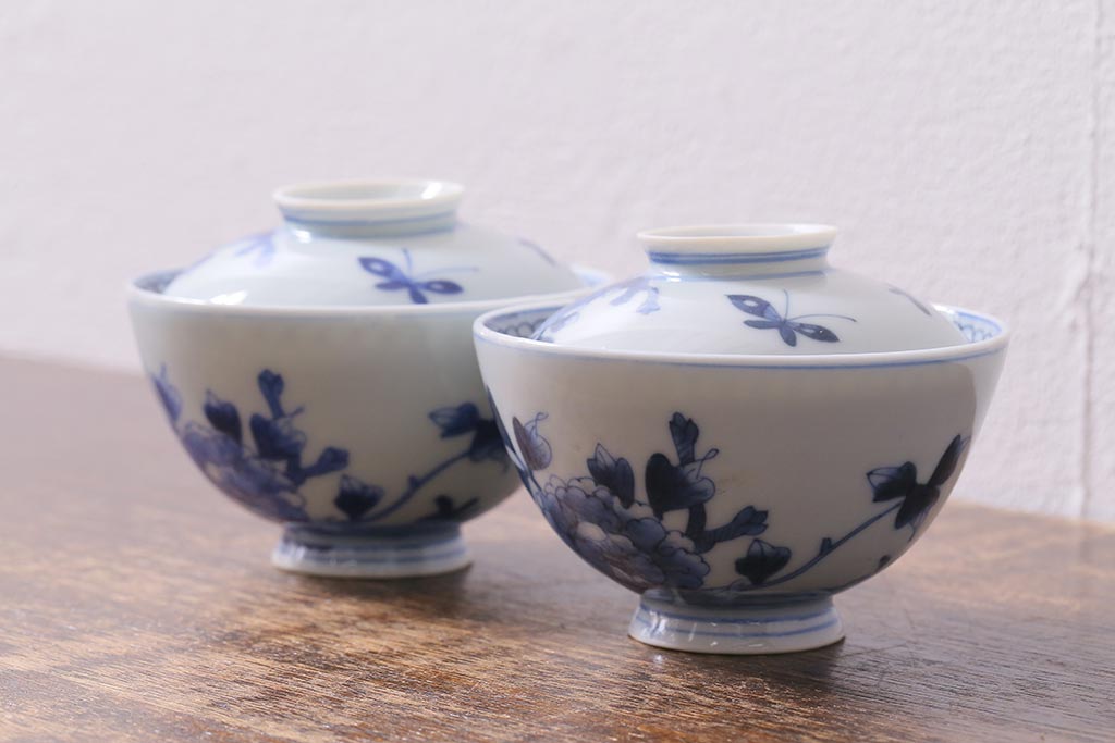 アンティーク雑貨　明治期　花蝶文染付蓋茶碗2客セット(蓋付茶碗、和食器)(R-040499)