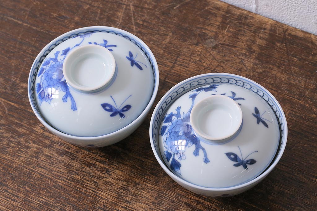 アンティーク雑貨　明治期　花蝶文染付蓋茶碗2客セット(蓋付茶碗、和食器)(R-040499)
