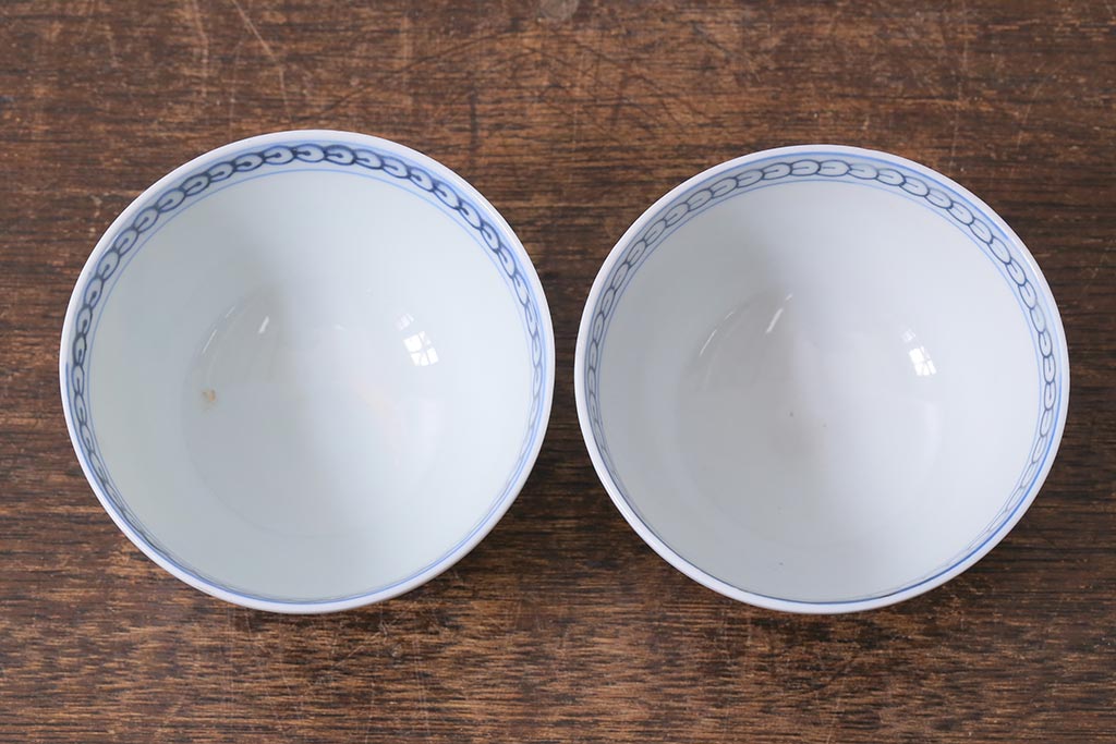 アンティーク雑貨　明治期　花蝶文染付蓋茶碗2客セット(蓋付茶碗、和食器)(R-040499)