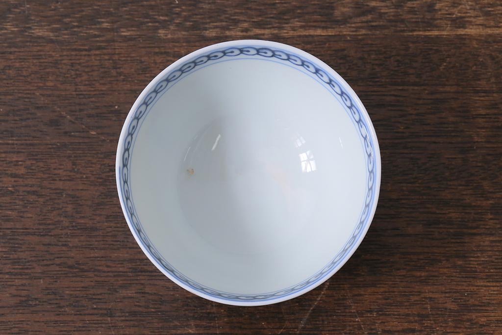 アンティーク雑貨　明治期　花蝶文染付蓋茶碗2客セット(蓋付茶碗、和食器)(R-040499)
