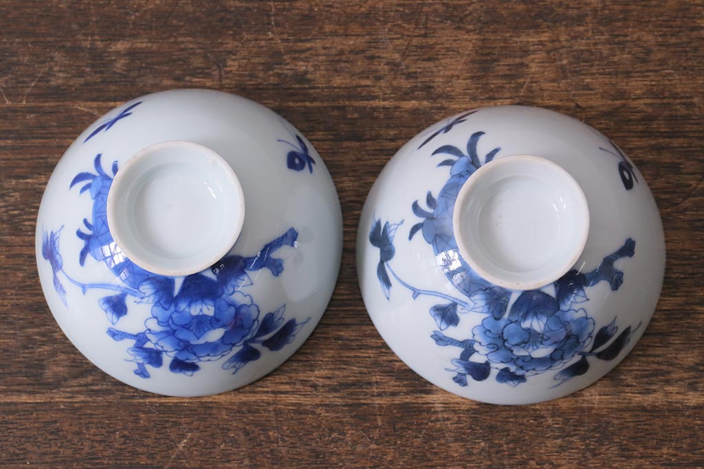 アンティーク雑貨　明治期　花蝶文染付蓋茶碗2客セット(蓋付茶碗、和食器)(R-040499)