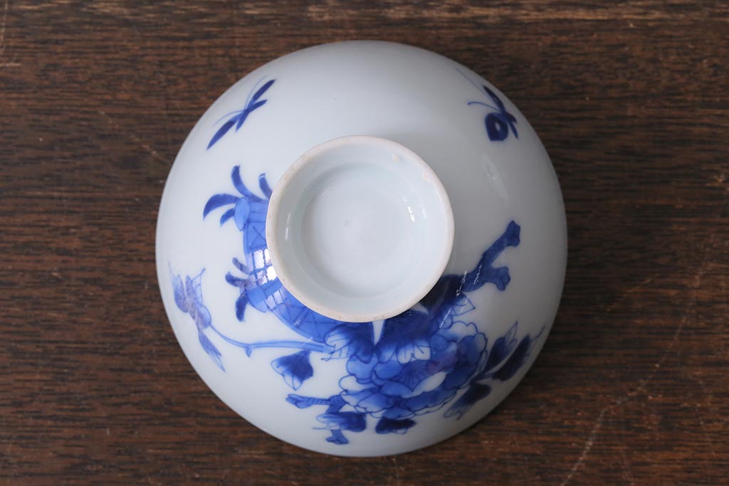 アンティーク雑貨　明治期　花蝶文染付蓋茶碗2客セット(蓋付茶碗、和食器)(R-040499)