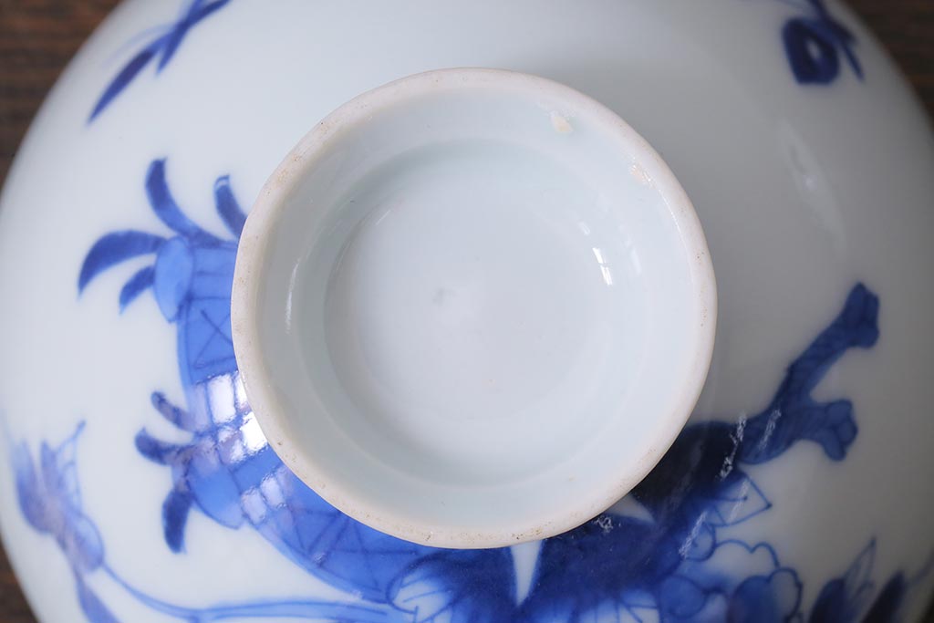 アンティーク雑貨　明治期　花蝶文染付蓋茶碗2客セット(蓋付茶碗、和食器)(R-040499)